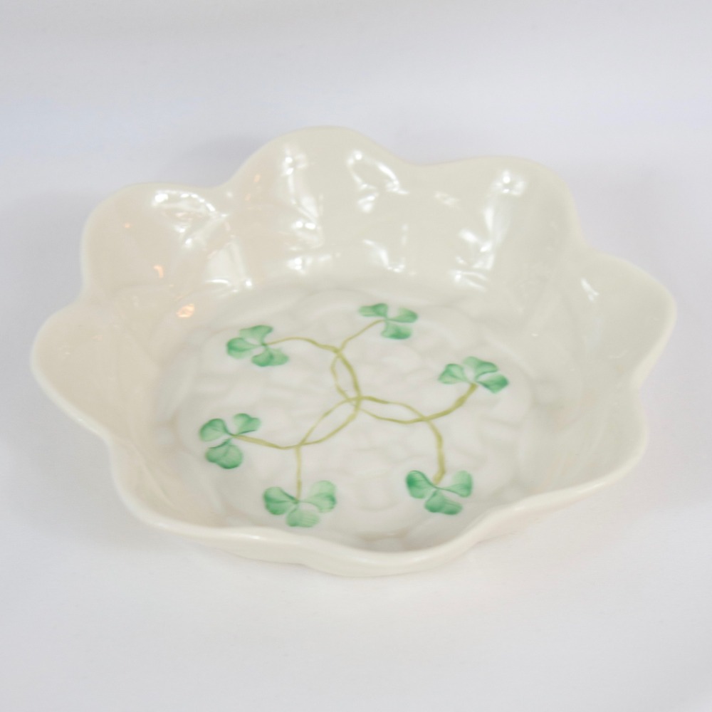 Belleek Ireland Shamrock Sweet Dish Parian China Scalloped Edge Bowl